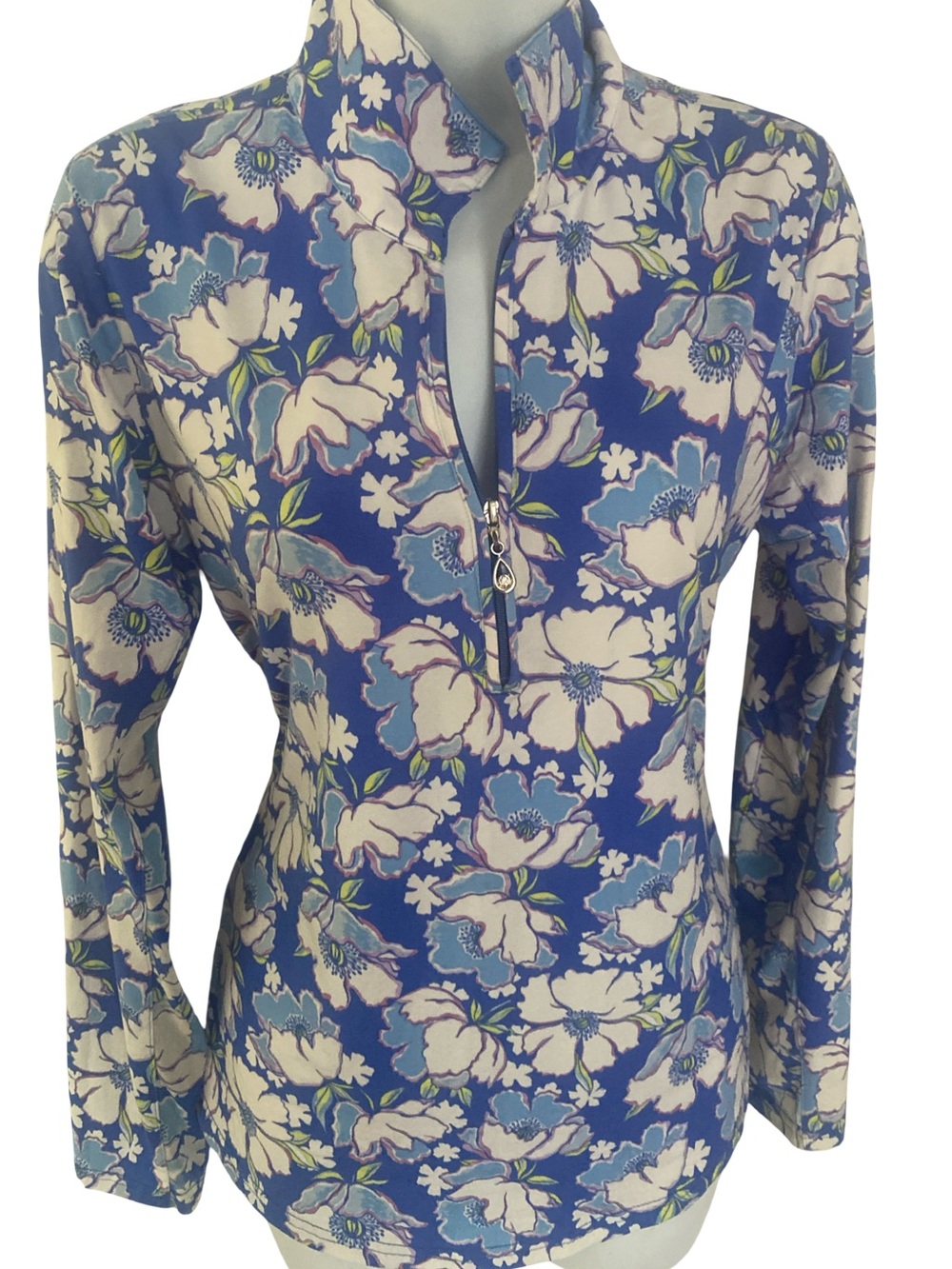 San Soleil floral Zip-Front Long-Sleeve Top UPF50 -
M Blue